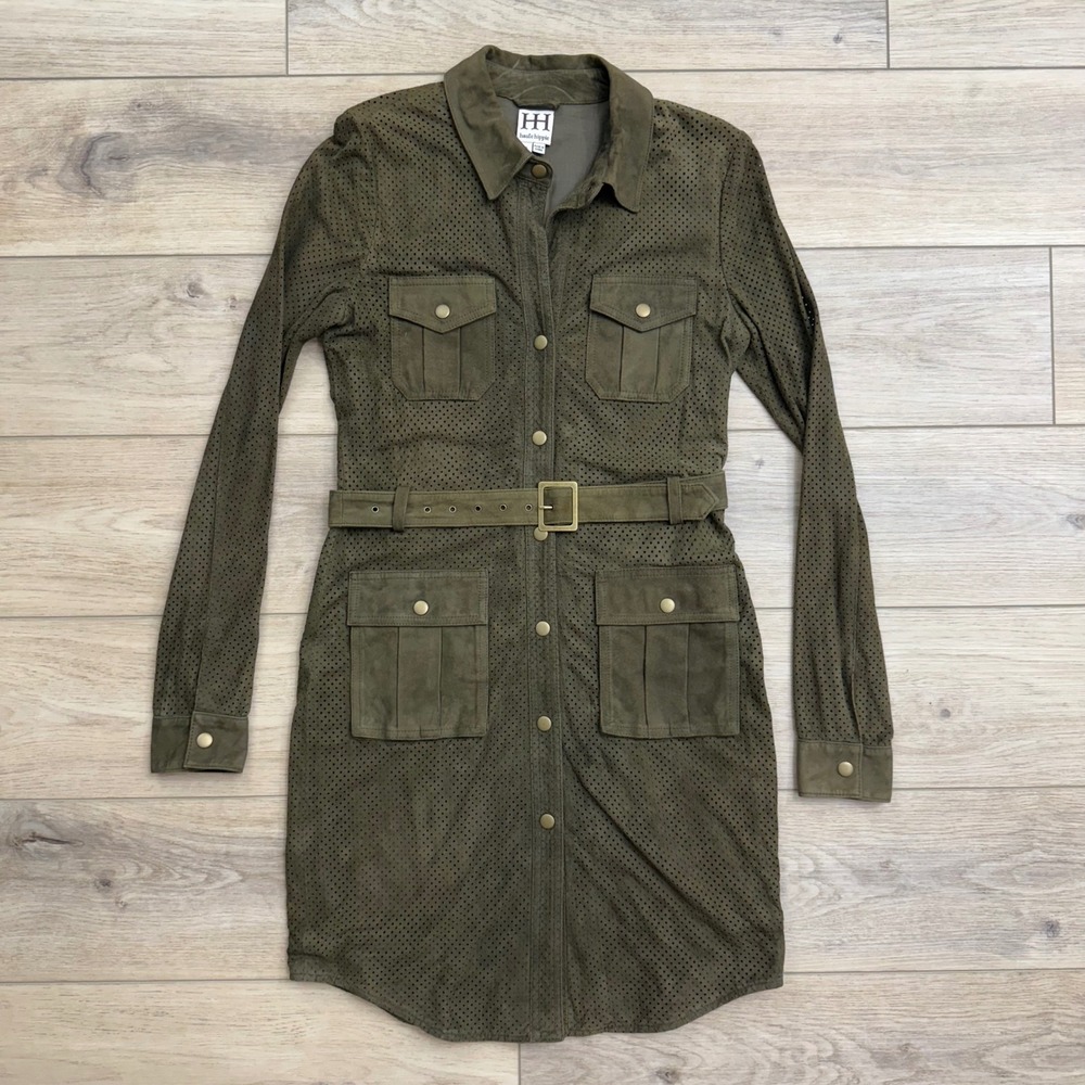 Haute‎ Hippie Suede Leather Shirt Dress Olive Green Perforated Belted Utility